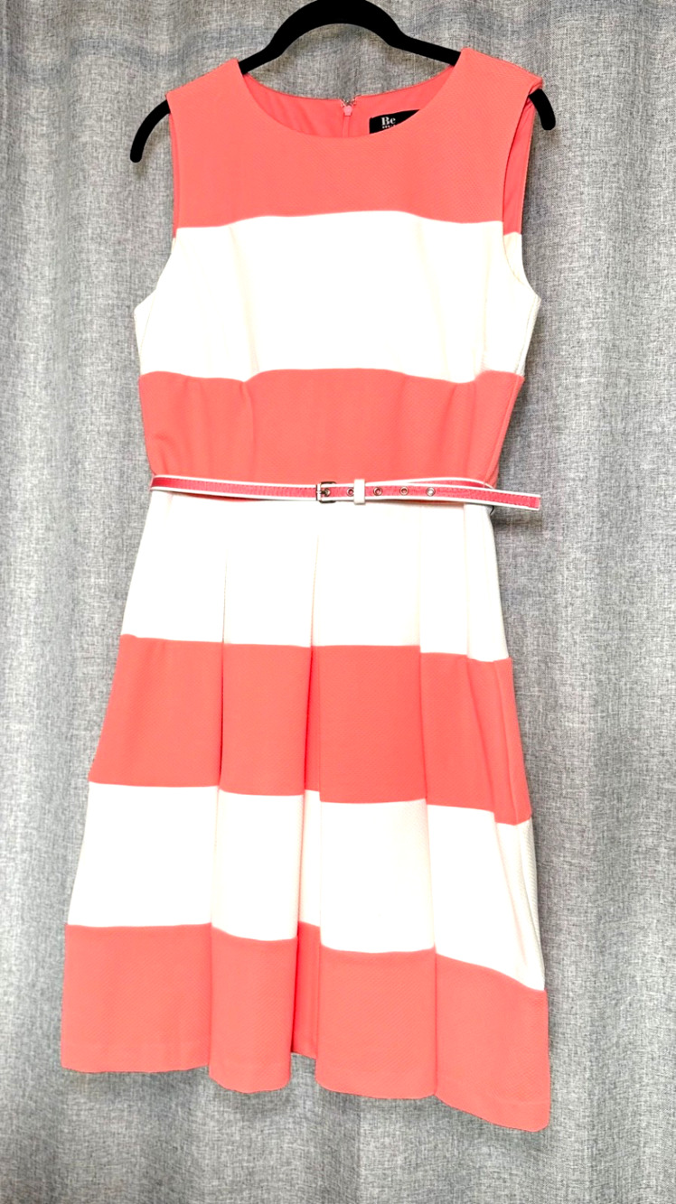 Be By Chetta B Dress 10 Candy Striper 50s Fit and Flare Striped Belted Retro